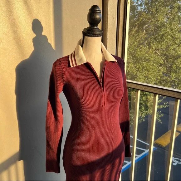 Abercrombie Burgundy Ribbed Long Sleeve Sweater Dress Collared Knit Bodycon - Picture 5 of 9